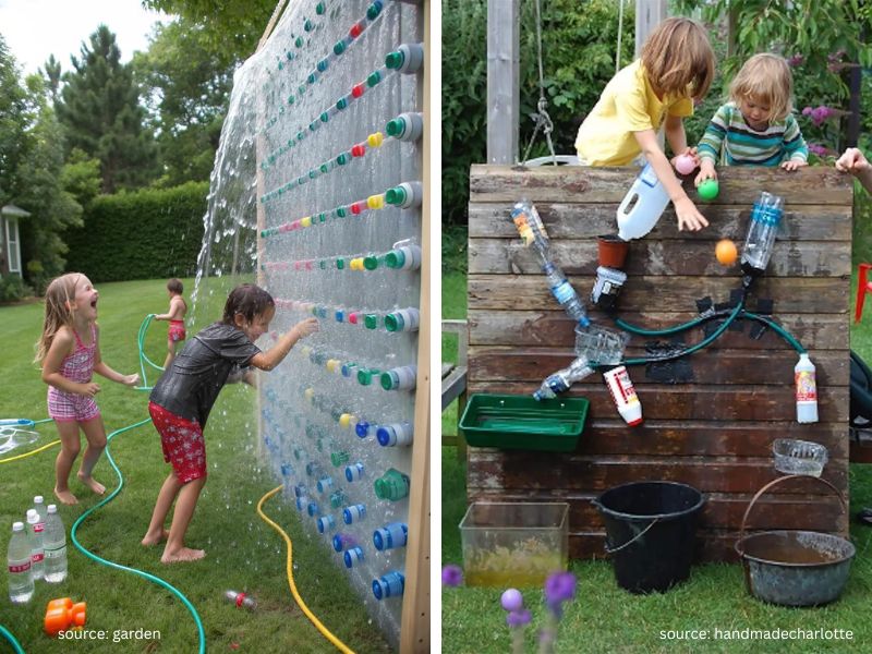 DIY water wall made from recycled containers in a Backyard Play Area.