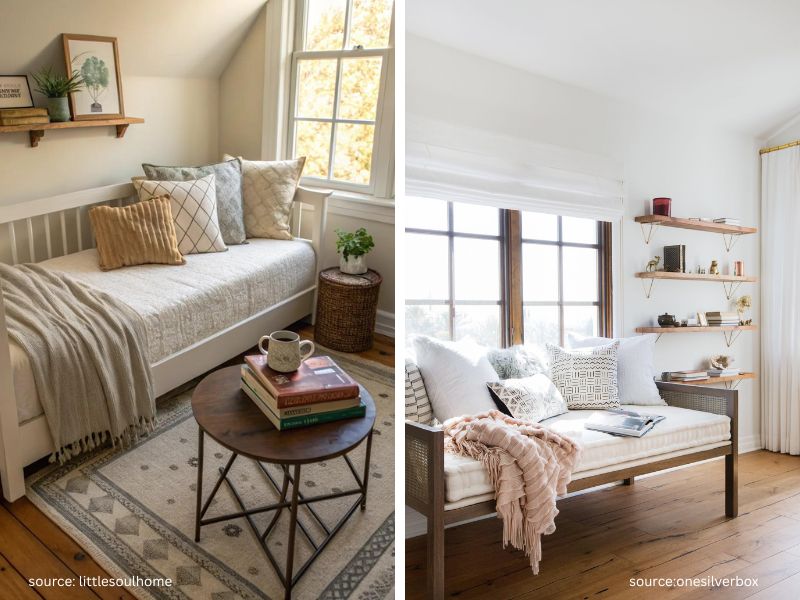 Comfortable daybed styled as a cozy reading nook ideas with layered pillows, blankets, and nearby books