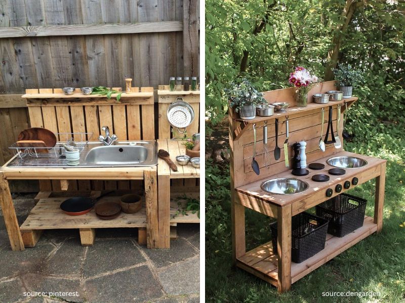 DIY mud kitchen in a Backyard Play Area made from reclaimed wood.