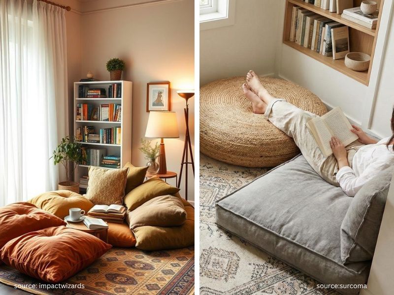 Budget-friendly cozy reading nook made with oversized floor cushions, blankets, and a small side table