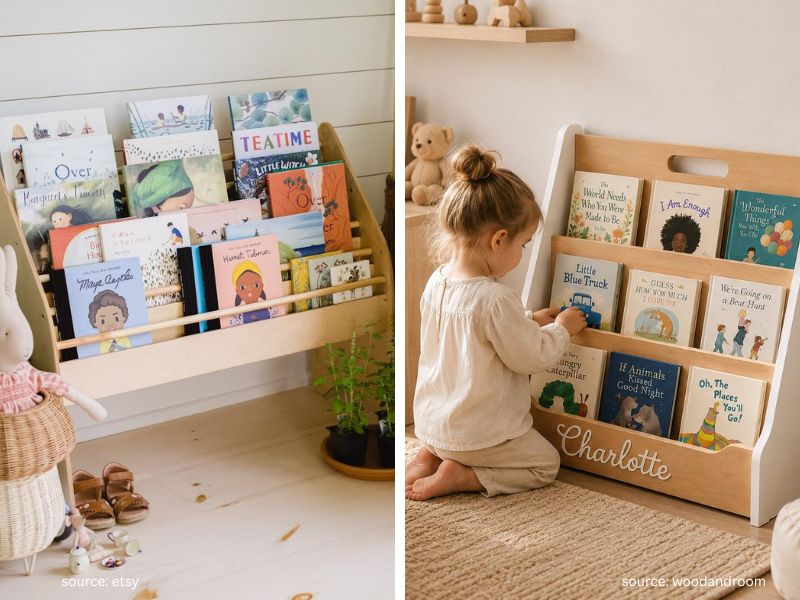 Front-facing bookshelf displaying colorful children's books for easy access.