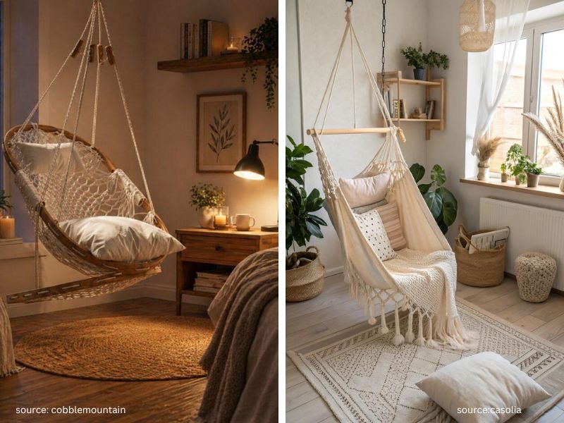 Indoor hammock chair styled as a cozy reading nook  with books, blanket, and soft lighting