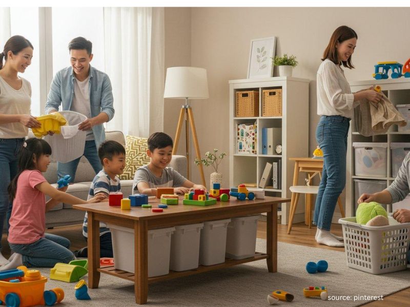 Parents and children tidying a bedroom together during a weekly cleanup routine.