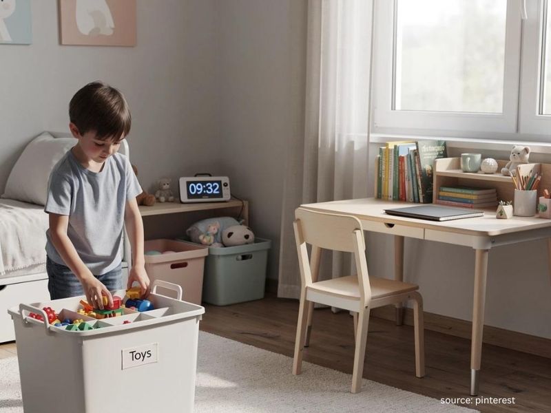 Child smiling while putting toys into labeled storage bins during cleanup.