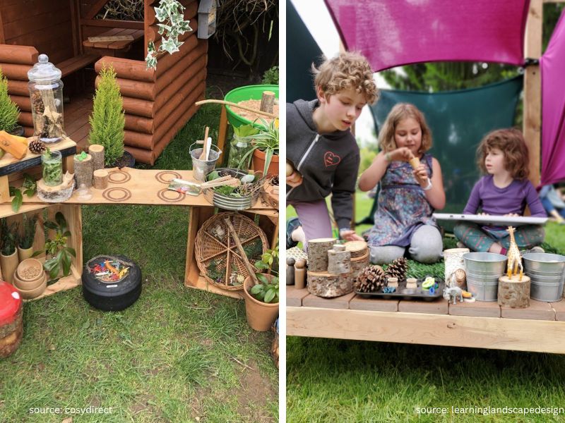 Loose parts play station with logs, stones, and wooden blocks.