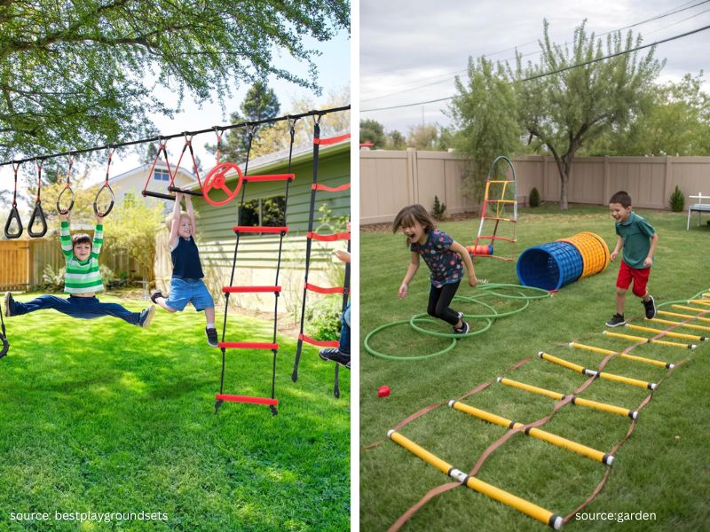 DIY obstacle course for Play Areas with stepping stones and balance beams.