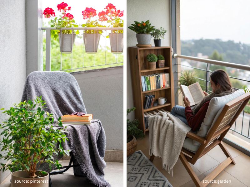 Cozy outdoor reading nook on a balcony with a comfortable chair, rug, blanket, and books