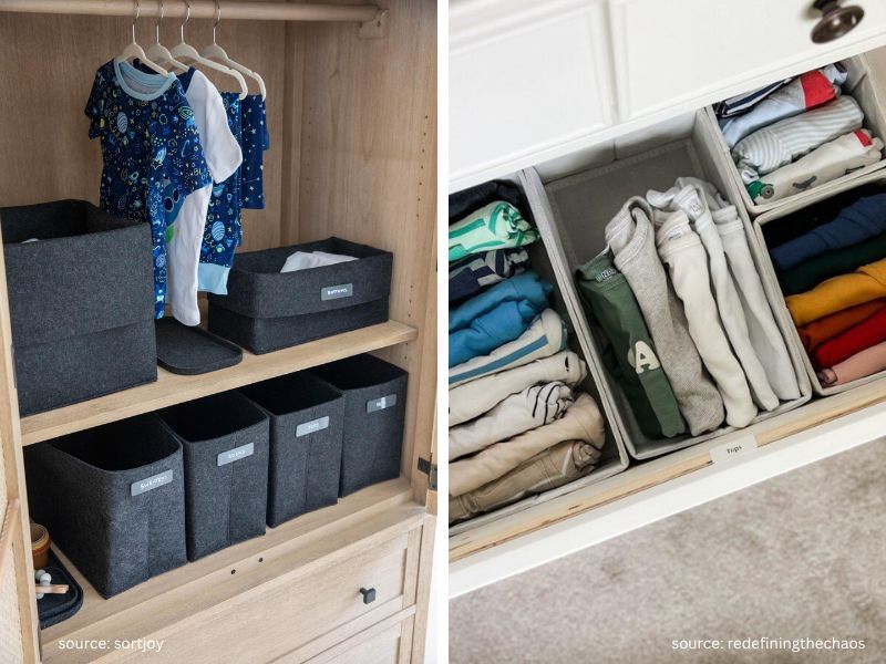 Organized dresser drawer with dividers separating children's T-shirts, leggings, and pajamas for easy access.