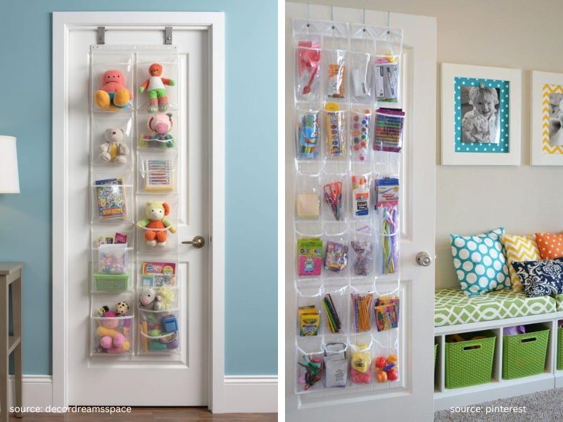 Clear over-the-door organizer used to store toy cars, figurines, and craft supplies for Kids room organization ideas.