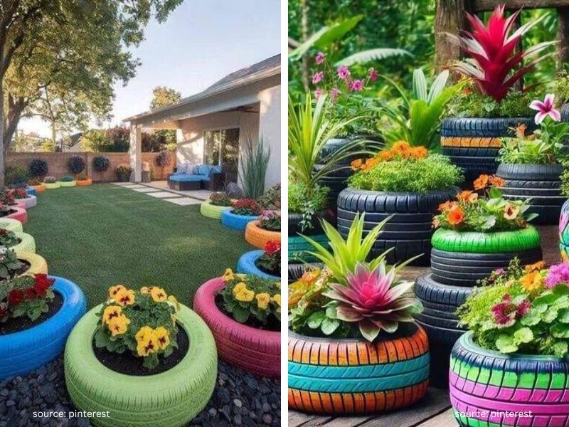 Brightly painted tire planters