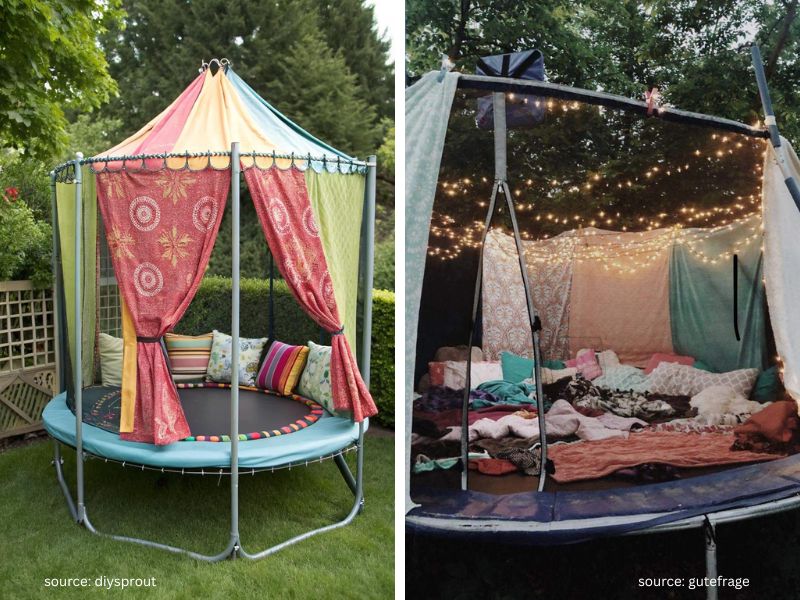 Creative Backyard Play Area using a repurposed trampoline frame.