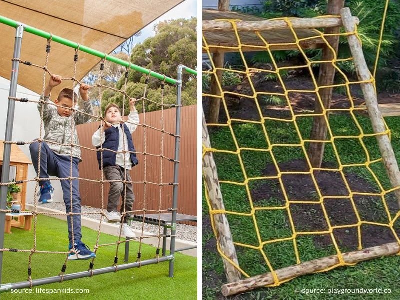 Backyard climbing structure with rope net.