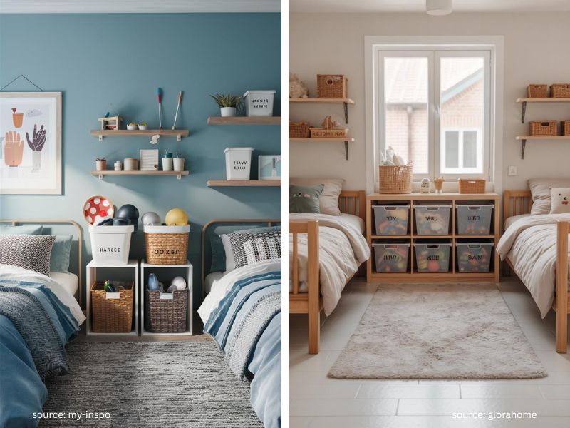 Shared children's bedroom with color-coded bins and organized personal spaces.