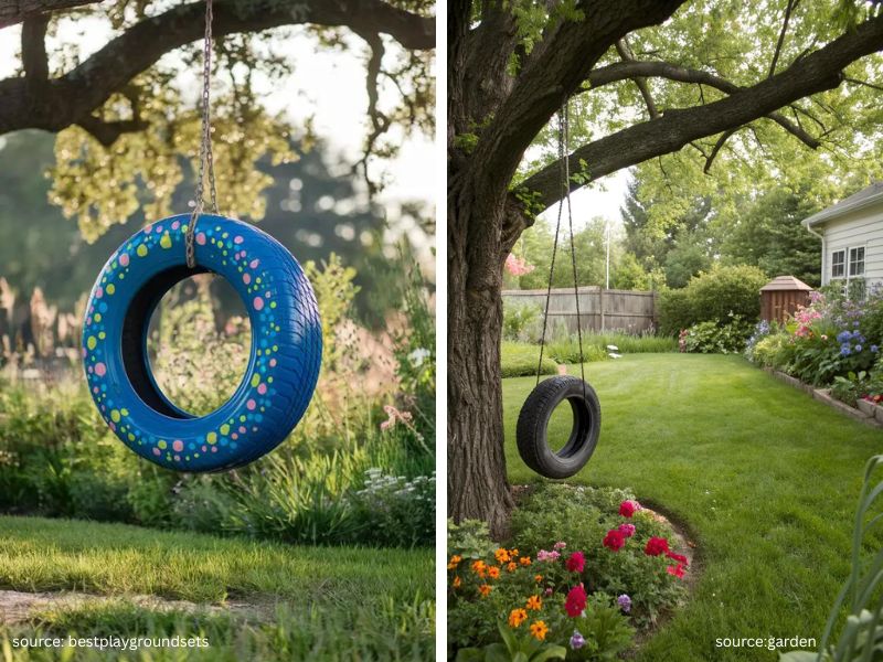 Backyard tire swing creating a fun outdoor play space.