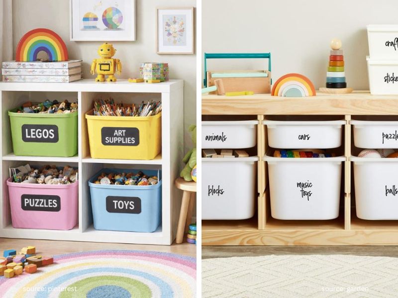 Labeled toy storage bins neatly organizing children's toys by category for Kids room organization ideas.