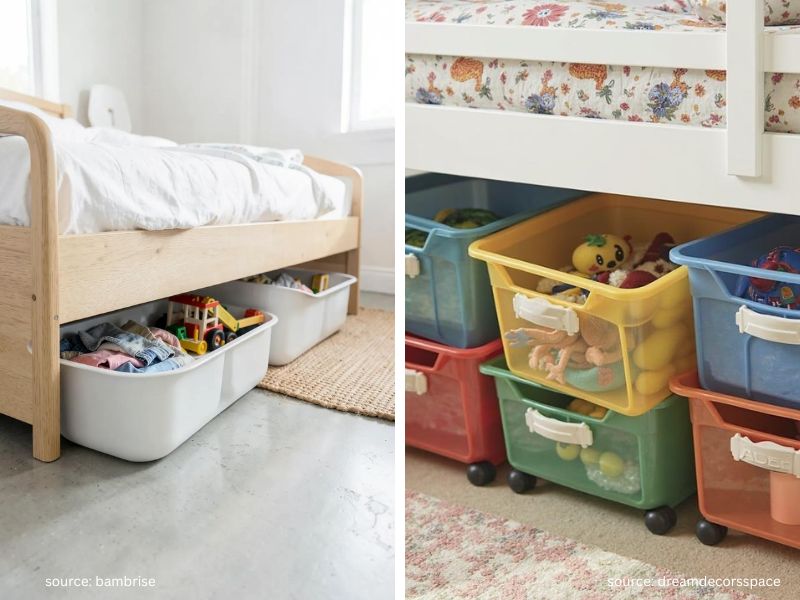 Rolling storage bins tucked neatly underneath a child's bed for Kids room organization ideas.