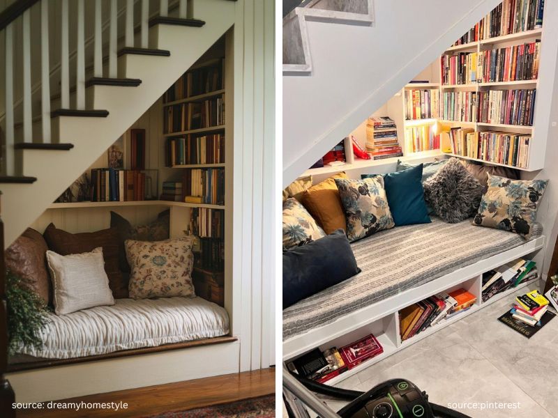 Built-in under-the-stairs cozy reading nook ideas featuring bench seating, bookshelves, and reading lamp