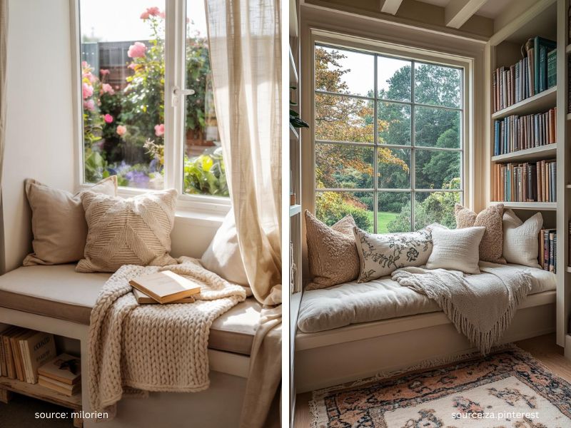 Cozy window seat reading nook with soft cushions, throw pillows, books, and natural sunlight