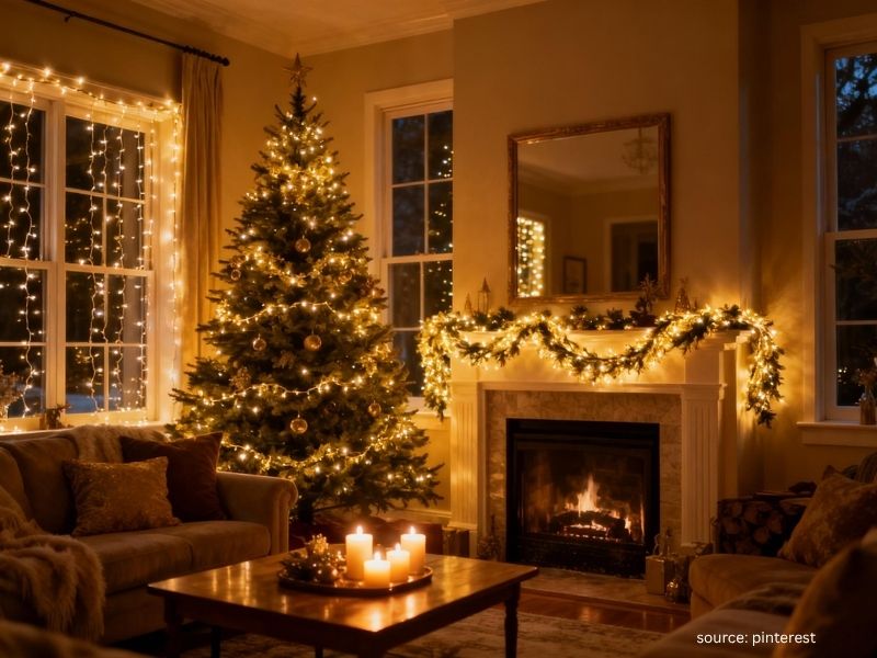 Warm Christmas living room lighting with candles and glowing tree lights