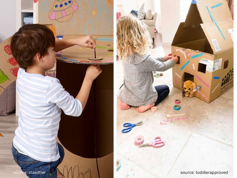 Child turning a cardboard box into a creative homemade kids craft ideas