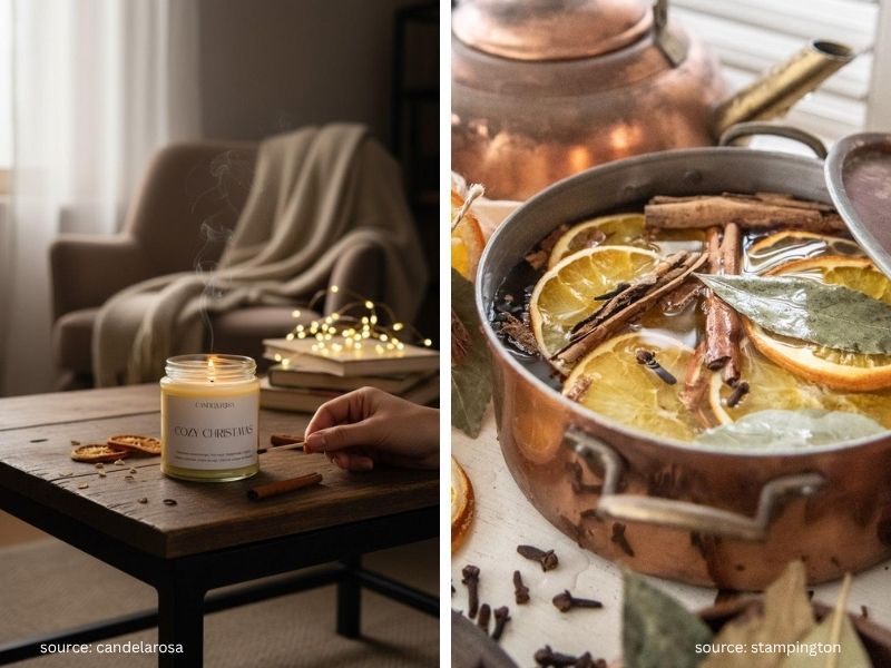 Christmas scented candle with cinnamon and orange accents in cozy living room