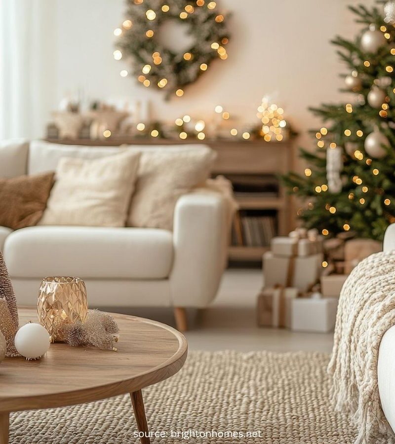 Cozy Christmas living room with decorated tree and warm festive accents