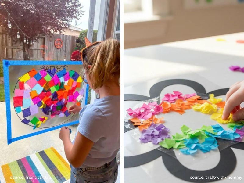 Colorful tissue paper suncatcher made by kids on a sunny window