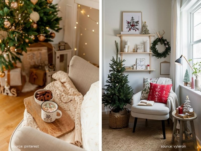 Cozy Christmas reading corner with blanket holiday book and hot cocoa
