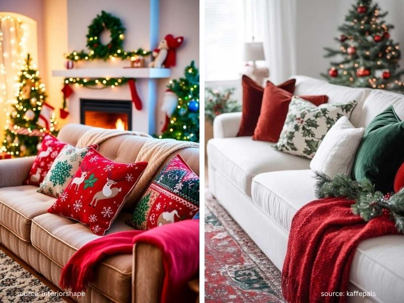 Cozy Christmas living room sofa with textured throw blankets and seasonal pillows
