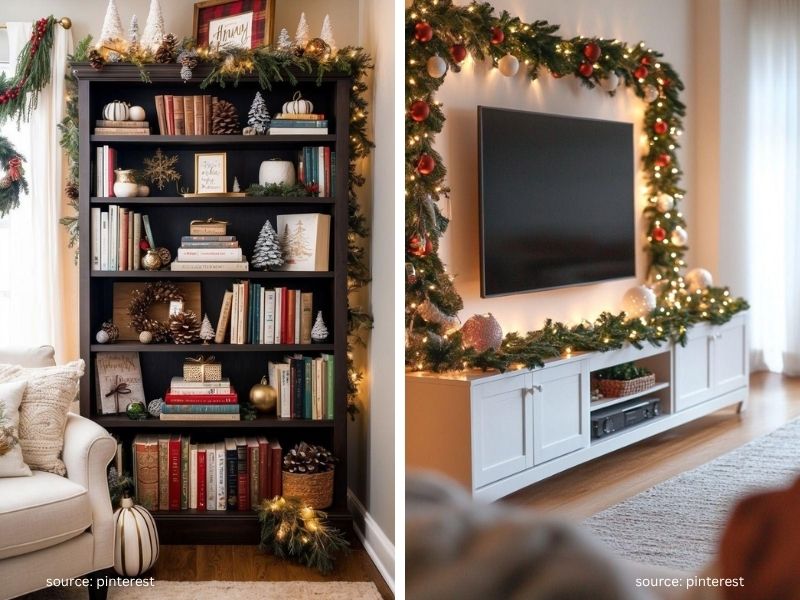 Christmas garland with warm lights decorating a living room media console