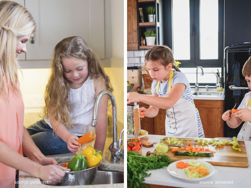 Child helping with simple kitchen tasks as a screen-free activity