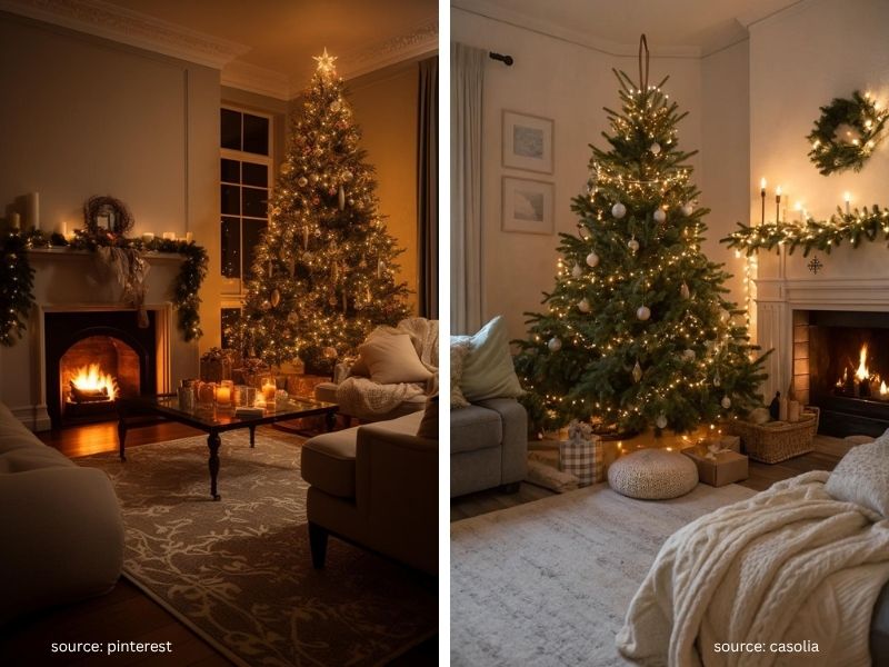 Cozy Christmas living room with decorated tree and warm festive accents