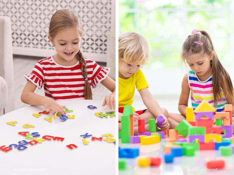 Kids learning through letter hunts and creative building play