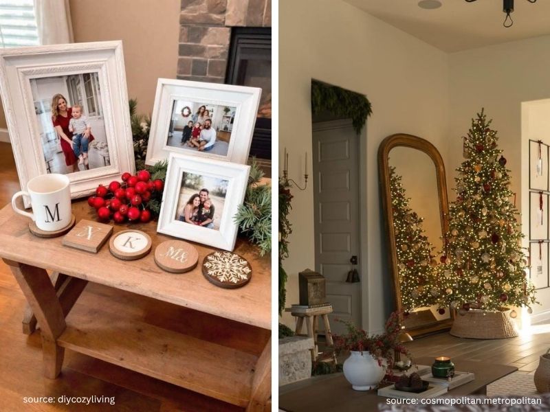 Personal Christmas living room decor with mirror candle and family keepsake