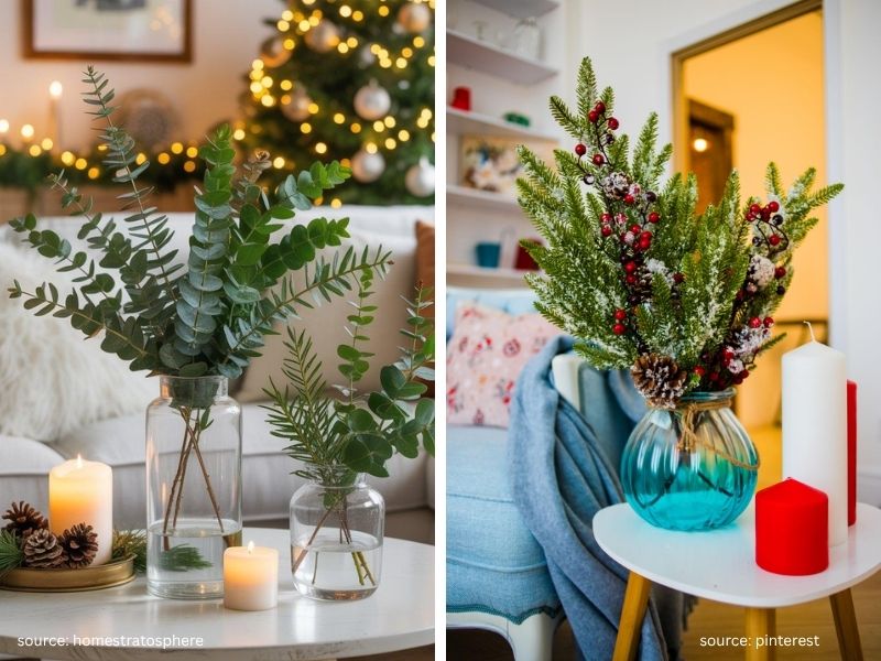 Natural Christmas greenery arranged in a vase on a living room console