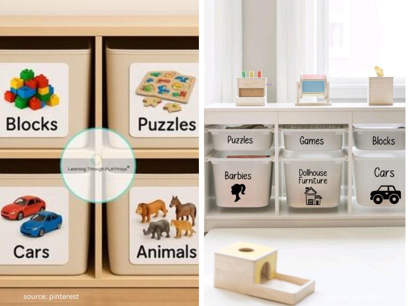 Toy storage bins with picture labels to help young children identify where toys belong