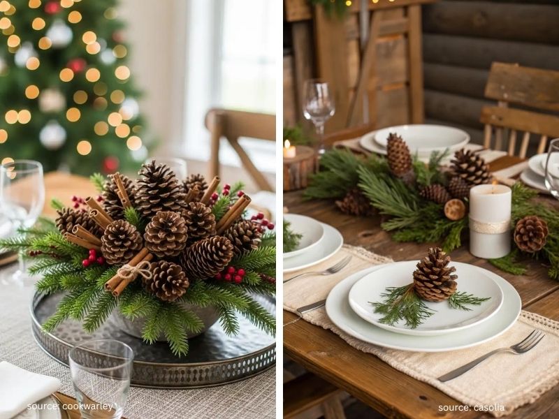 Natural Christmas decor with pinecones, greenery, cinnamon sticks, and ornaments