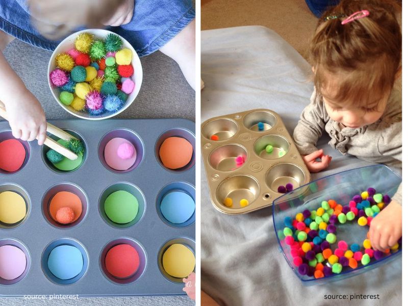 Child sorting colorful pom-poms using a muffin tin, kids crafts ideas