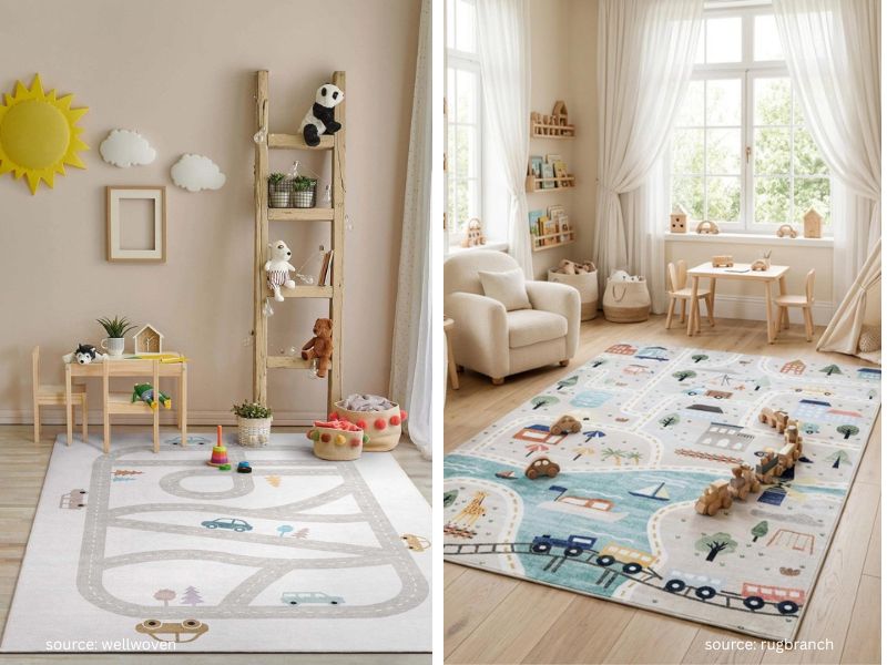small kids play area with a soft rug defining the space for toys and activities