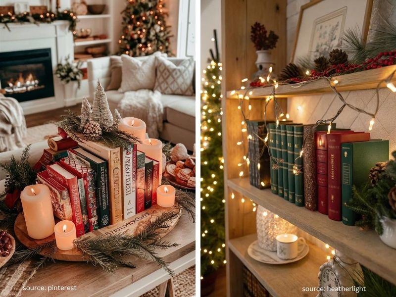 Budget Christmas decor using books, candles, greenery, and items already at home