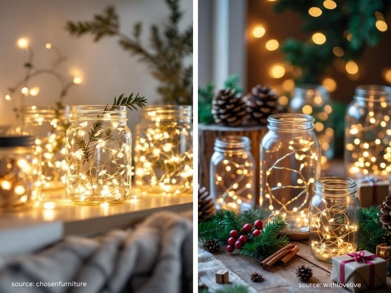 Mason jar filled with warm fairy lights for inexpensive Christmas decor