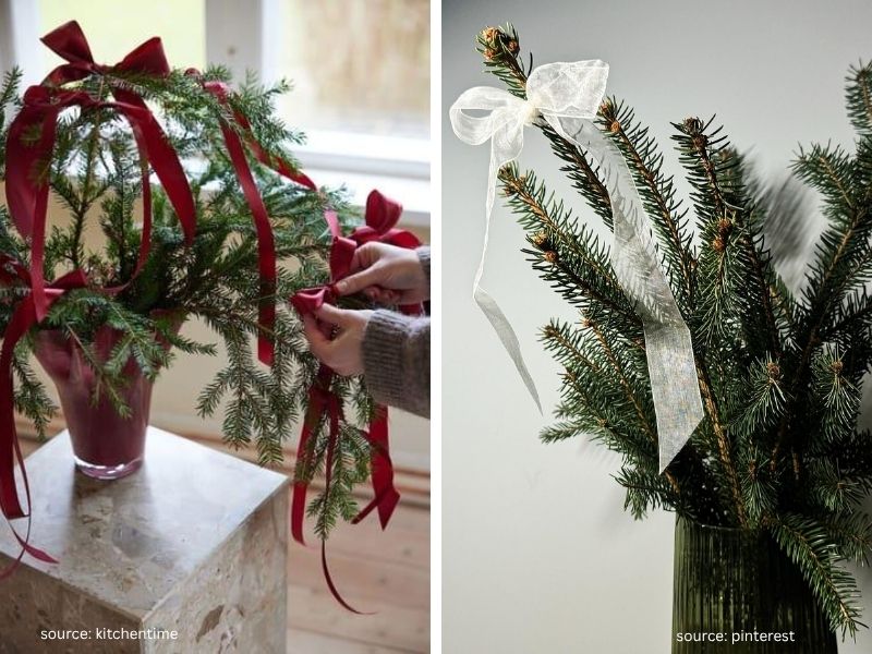 Bare branches decorated with ribbon and small ornaments in a cozy home