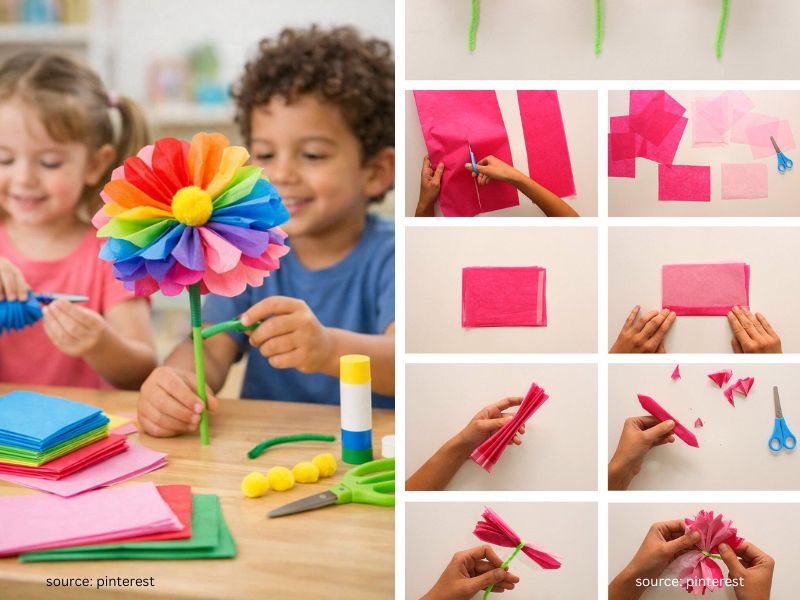 Colorful tissue paper flowers made by children