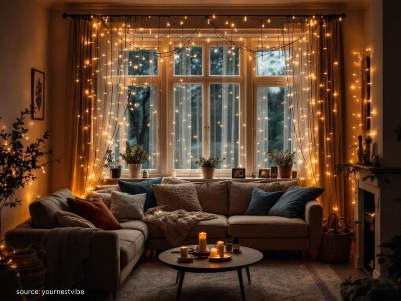 Warm white string lights draped around a cozy Christmas window