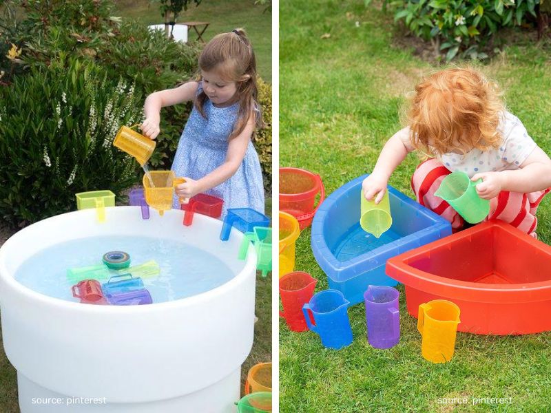 Toddler enjoying simple water play with cups and toys