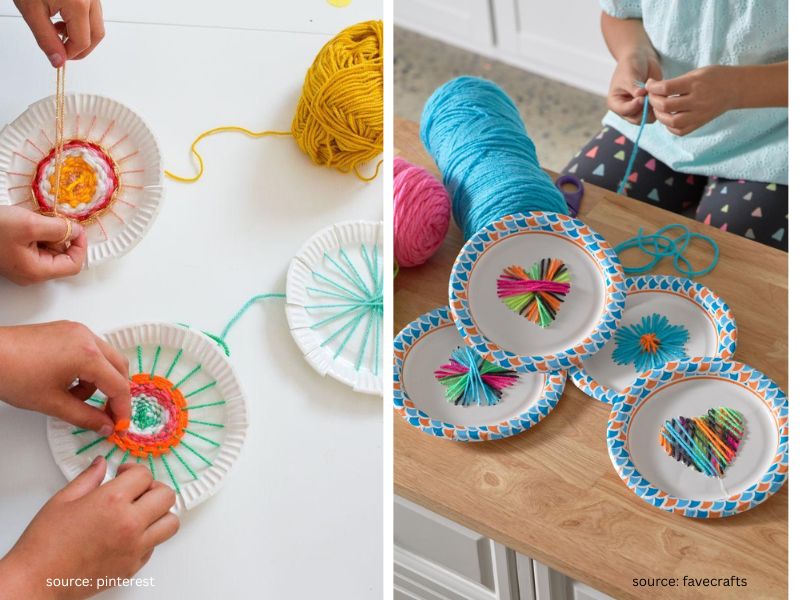 Child weaving colorful yarn through a paper plate