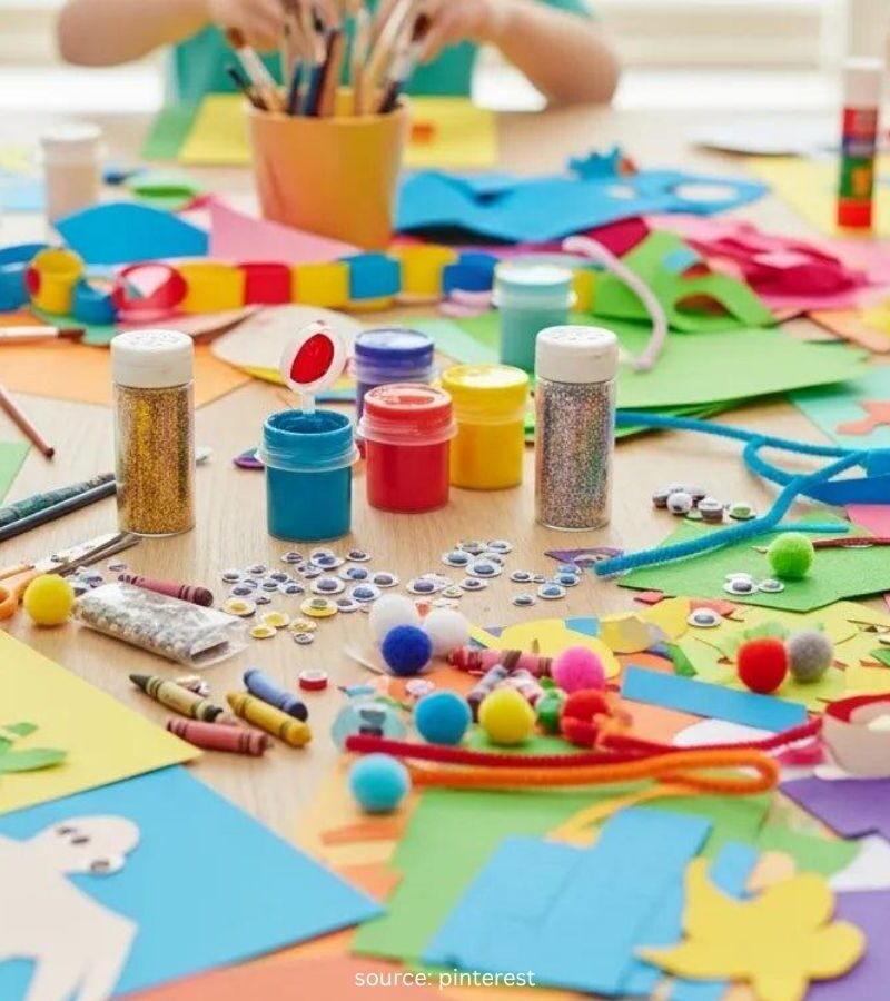 Kids craft ideas, kids doing simple crafts together at an organized table with colorful craft supplies