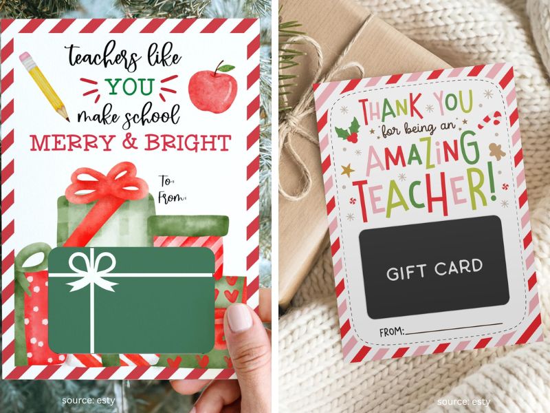 Christmas gift card for a teacher styled with classroom supplies and festive stationery