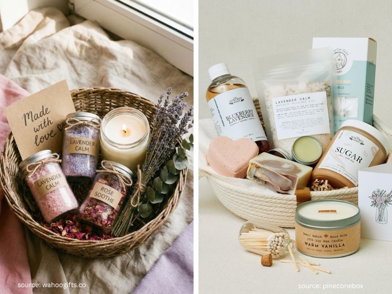 DIY Christmas spa gift basket with homemade bath salts, sugar scrub, candle, and self-care items