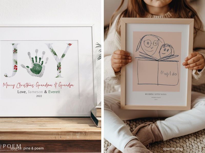 Child's colorful artwork displayed in a simple frame as a Christmas gift for grandparents